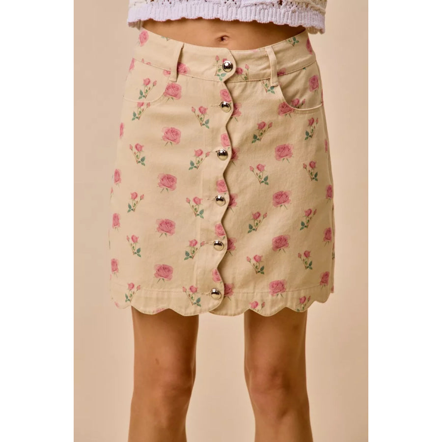 SO ME Floral Rose Print Cotton Twill Scallop Mini Skirt IVORY/PINK / S Apparel and Accessories