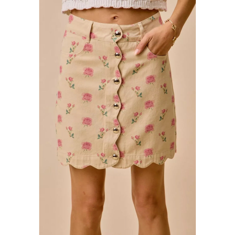 SO ME Floral Rose Print Cotton Twill Scallop Mini Skirt IVORY/PINK / S Apparel and Accessories
