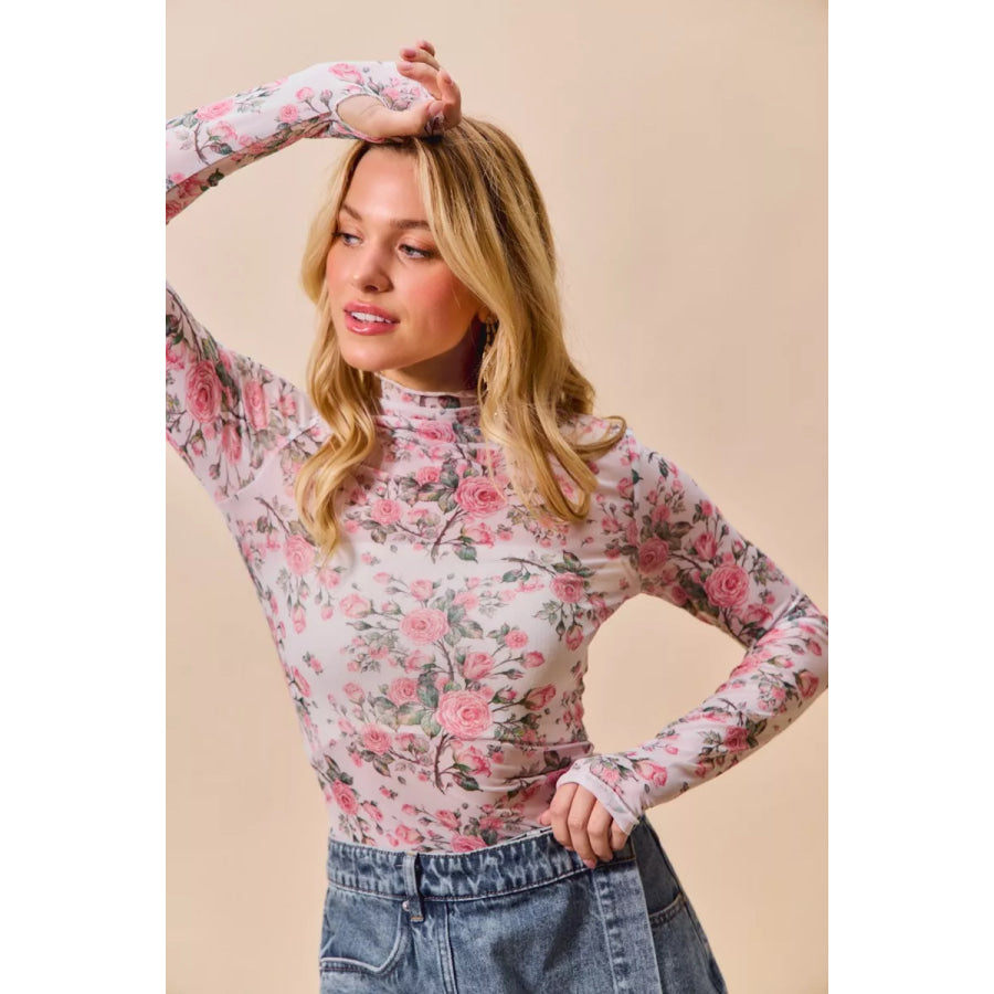 SO ME Floral Rose Print Mesh Sheer Layering Top Apparel and Accessories