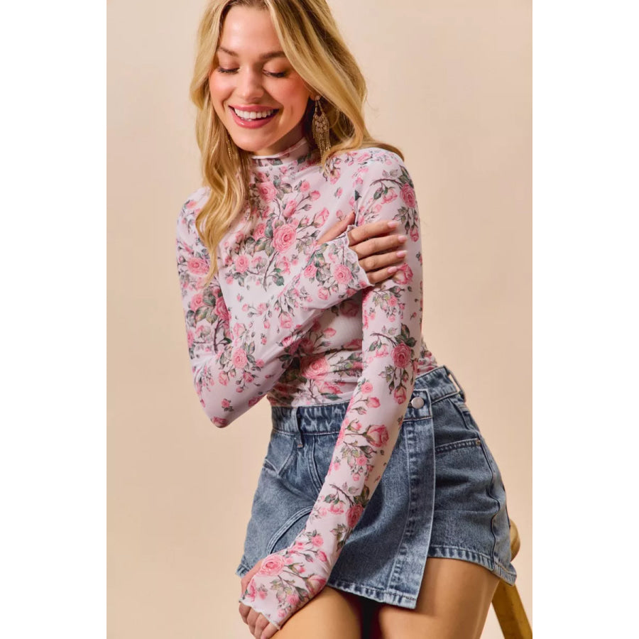 SO ME Floral Rose Print Mesh Sheer Layering Top Apparel and Accessories