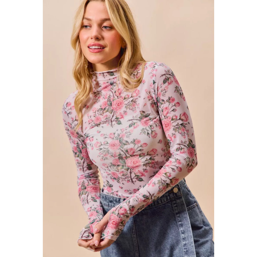 SO ME Floral Rose Print Mesh Sheer Layering Top Apparel and Accessories