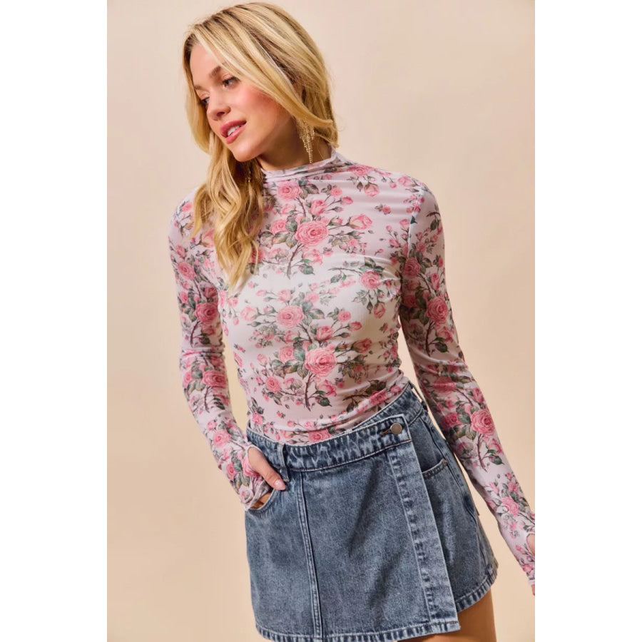 SO ME Floral Rose Print Mesh Sheer Layering Top Apparel and Accessories