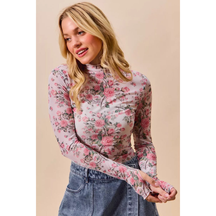 SO ME Floral Rose Print Mesh Sheer Layering Top Apparel and Accessories