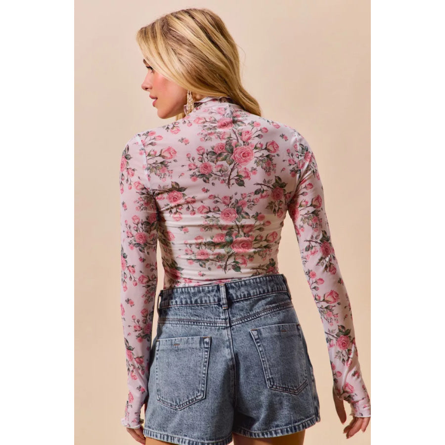 SO ME Floral Rose Print Mesh Sheer Layering Top Apparel and Accessories