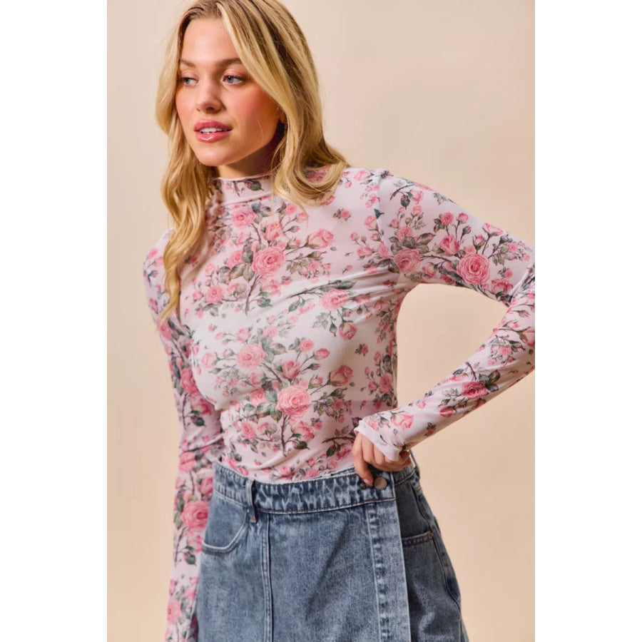 SO ME Floral Rose Print Mesh Sheer Layering Top Pink / S Apparel and Accessories