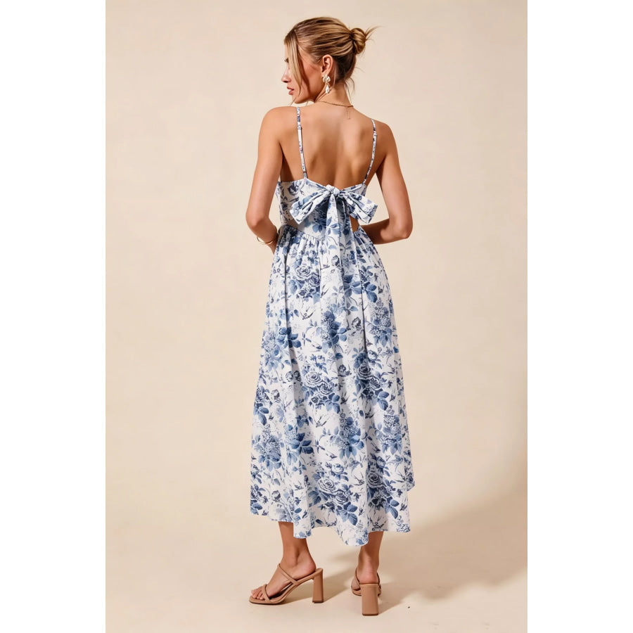 SO ME Floral Woven V Neck Dress With Back Ribbon Tie Apparel and Accessories