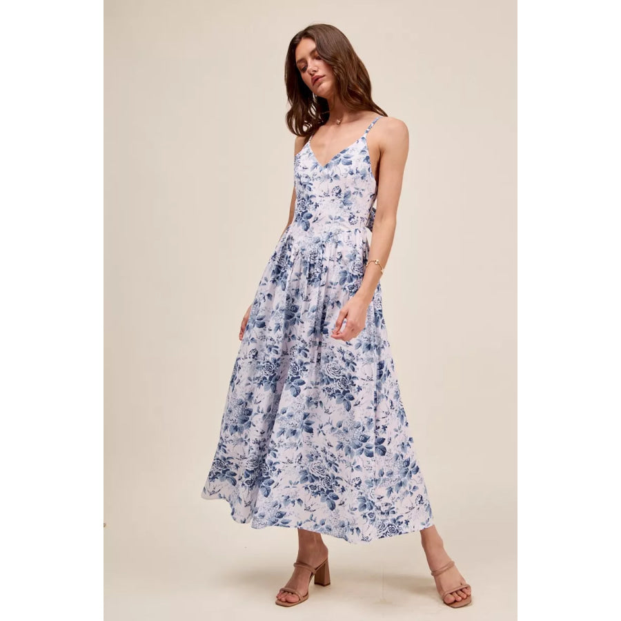 SO ME Floral Woven V Neck Dress With Back Ribbon Tie BLUECOMBO / S Apparel and Accessories