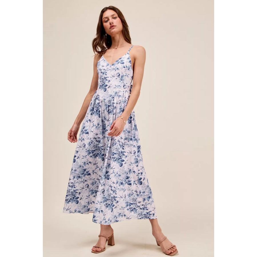 SO ME Floral Woven V Neck Dress With Back Ribbon Tie Apparel and Accessories