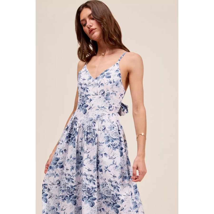 SO ME Floral Woven V Neck Dress With Back Ribbon Tie Apparel and Accessories