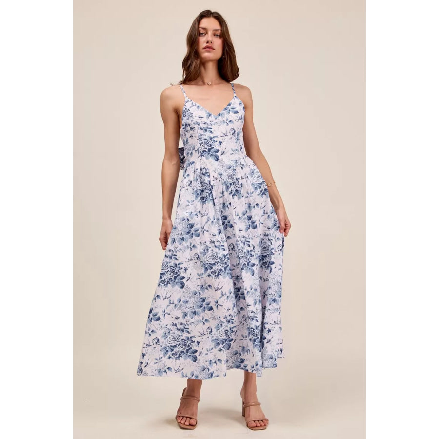 SO ME Floral Woven V Neck Dress With Back Ribbon Tie BLUECOMBO / S Apparel and Accessories