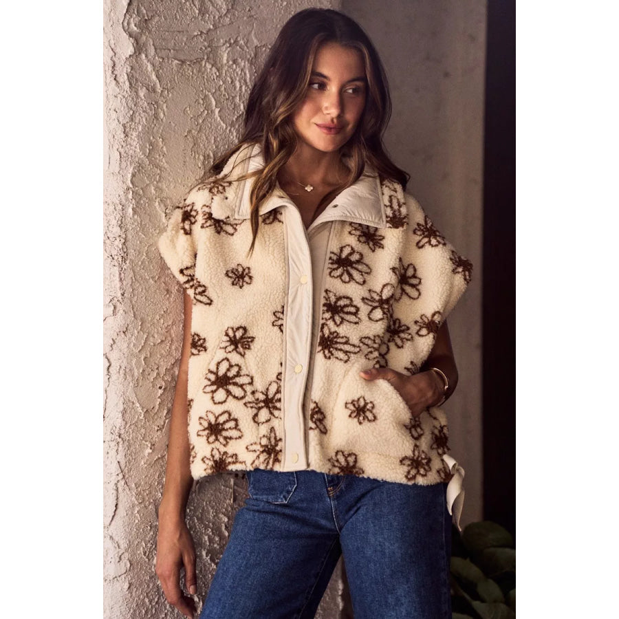 SO ME Flower Sherpa Fur Oversized Sleeveless Vest Jacket BROWN / S Apparel and Accessories