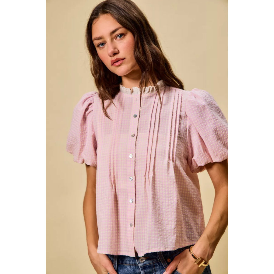 SO ME Gingham Lace Trim Button Bubble Sleeves Blouse Apparel and Accessories
