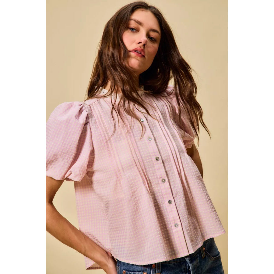 SO ME Gingham Lace Trim Button Bubble Sleeves Blouse Apparel and Accessories