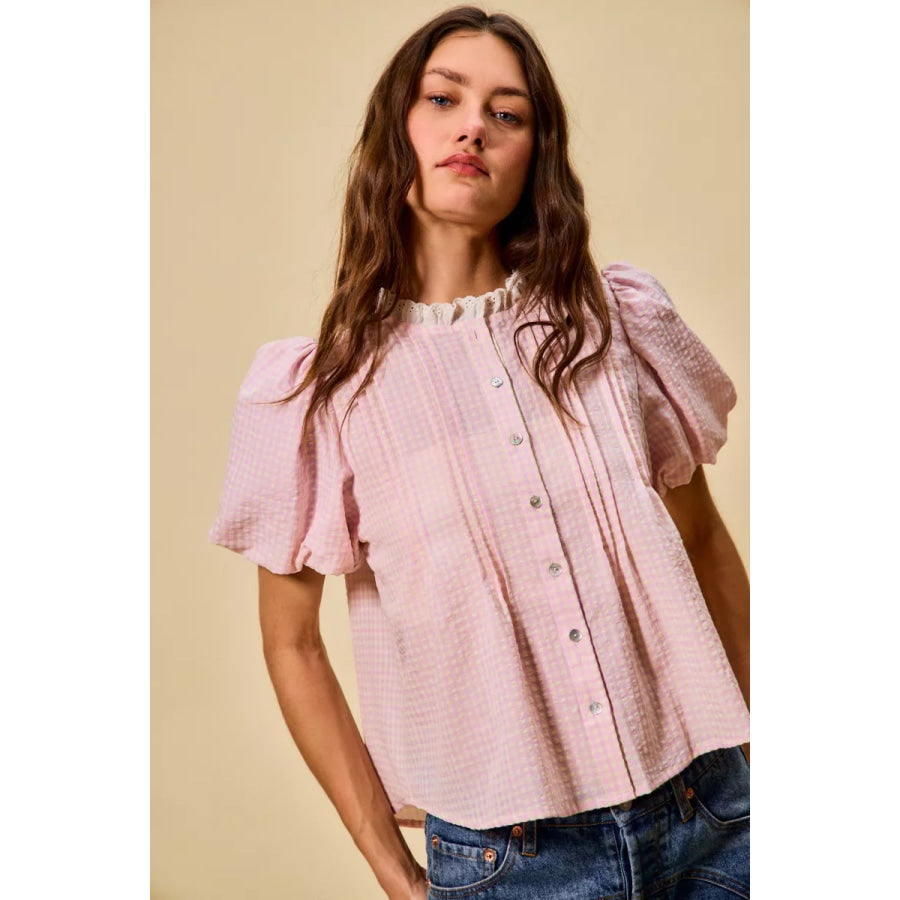 SO ME Gingham Lace Trim Button Bubble Sleeves Blouse Apparel and Accessories