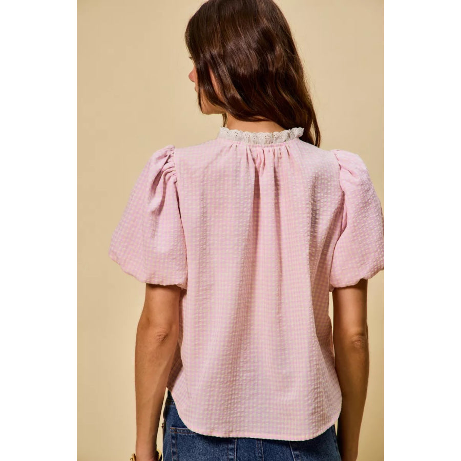 SO ME Gingham Lace Trim Button Bubble Sleeves Blouse Apparel and Accessories