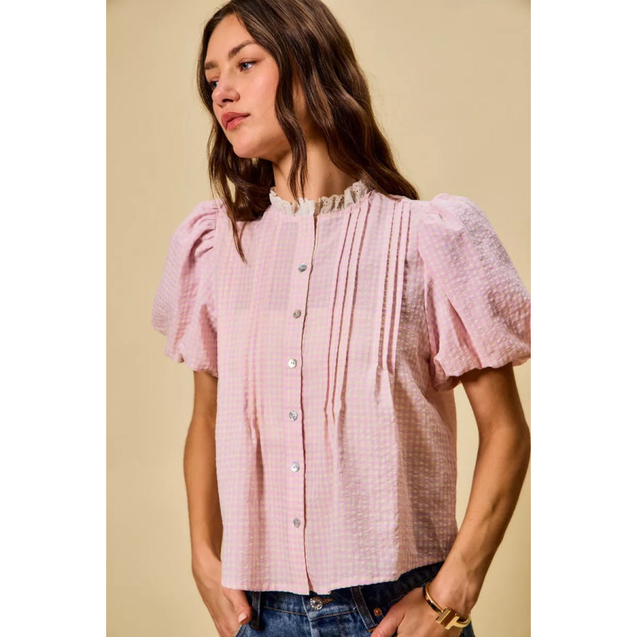 SO ME Gingham Lace Trim Button Bubble Sleeves Blouse Apparel and Accessories