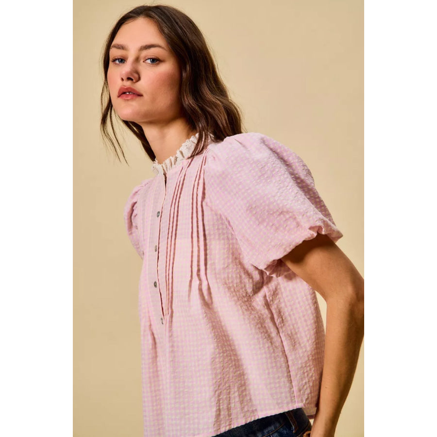 SO ME Gingham Lace Trim Button Bubble Sleeves Blouse Apparel and Accessories