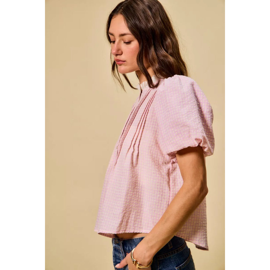 SO ME Gingham Lace Trim Button Bubble Sleeves Blouse Apparel and Accessories