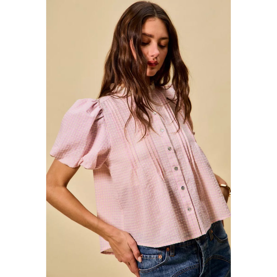 SO ME Gingham Lace Trim Button Bubble Sleeves Blouse Apparel and Accessories