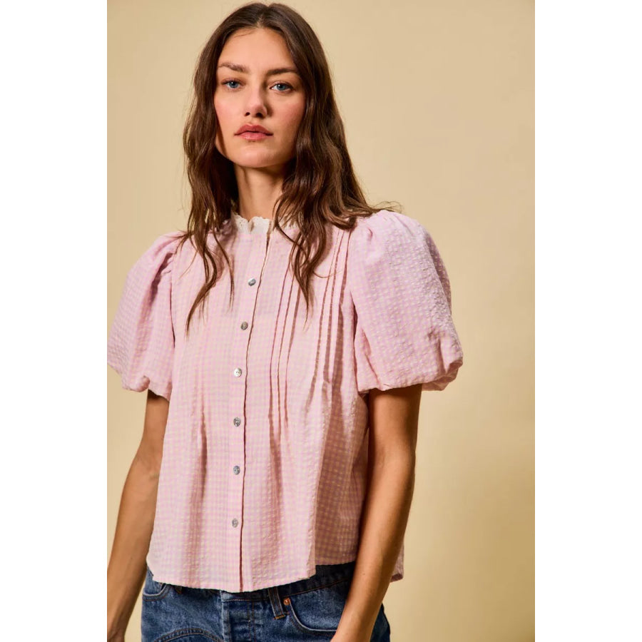SO ME Gingham Lace Trim Button Bubble Sleeves Blouse Apparel and Accessories