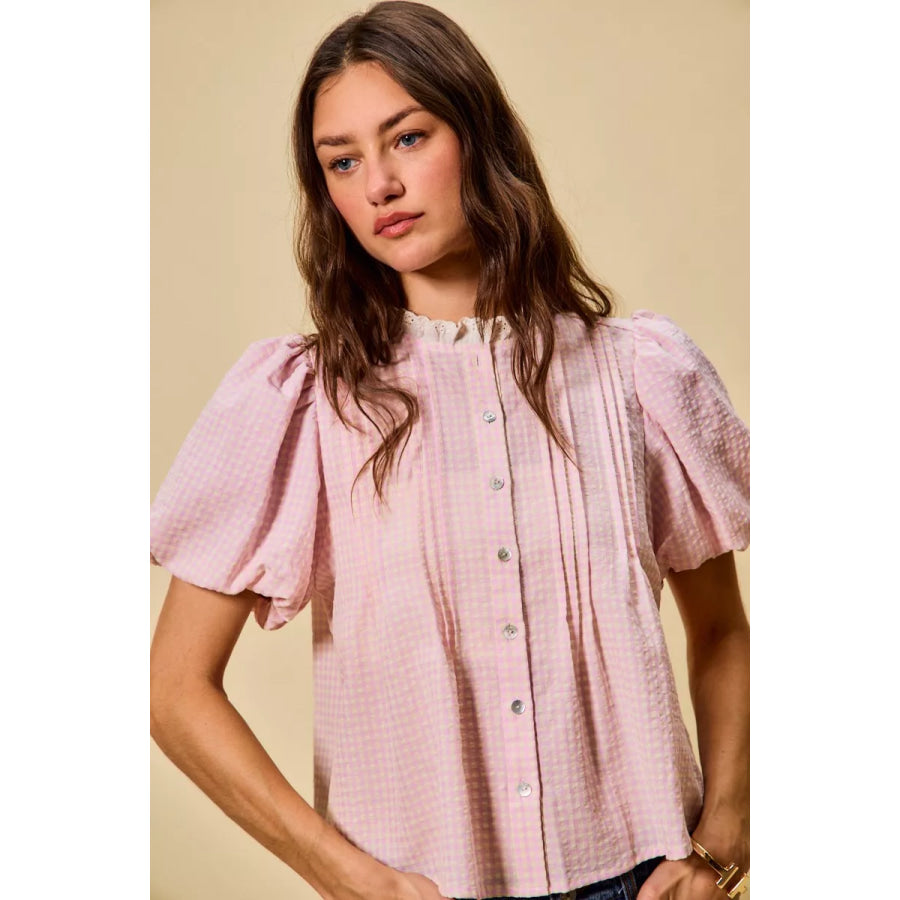 SO ME Gingham Lace Trim Button Bubble Sleeves Blouse Apparel and Accessories