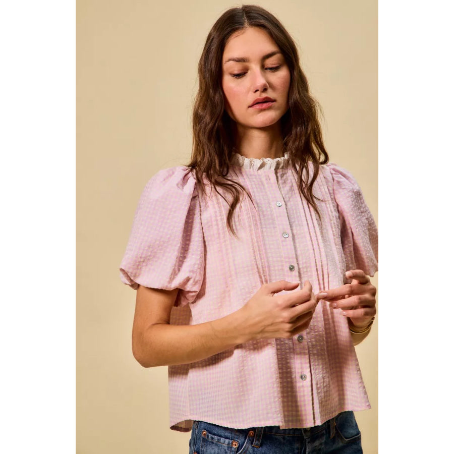 SO ME Gingham Lace Trim Button Bubble Sleeves Blouse Apparel and Accessories