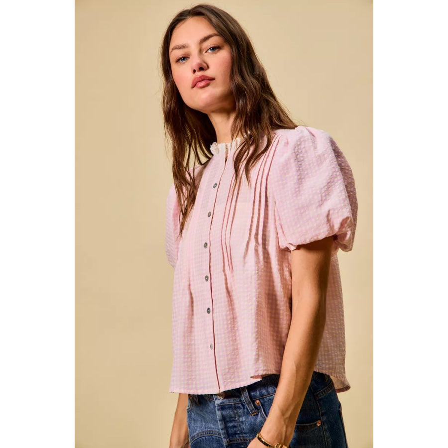 SO ME Gingham Lace Trim Button Bubble Sleeves Blouse Apparel and Accessories