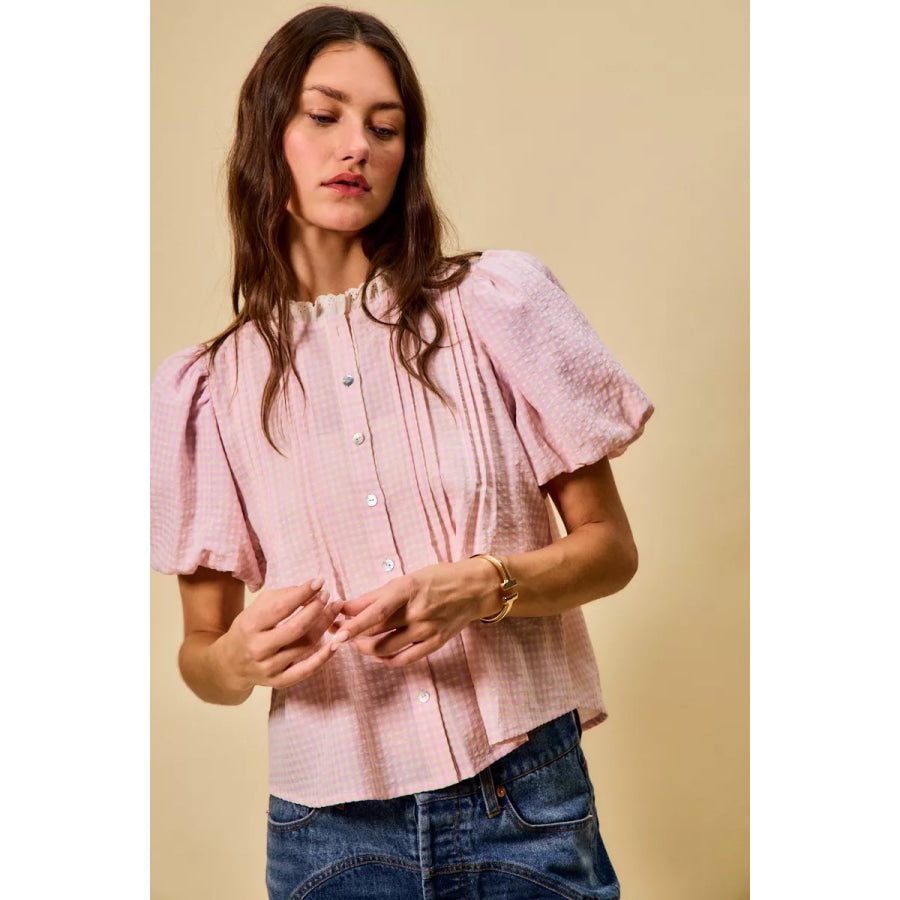 SO ME Gingham Lace Trim Button Bubble Sleeves Blouse Apparel and Accessories