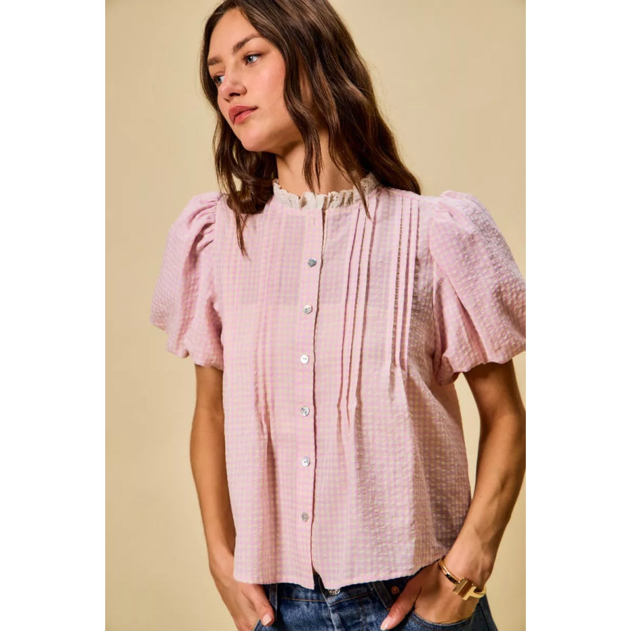 SO ME Gingham Lace Trim Button Bubble Sleeves Blouse Apparel and Accessories