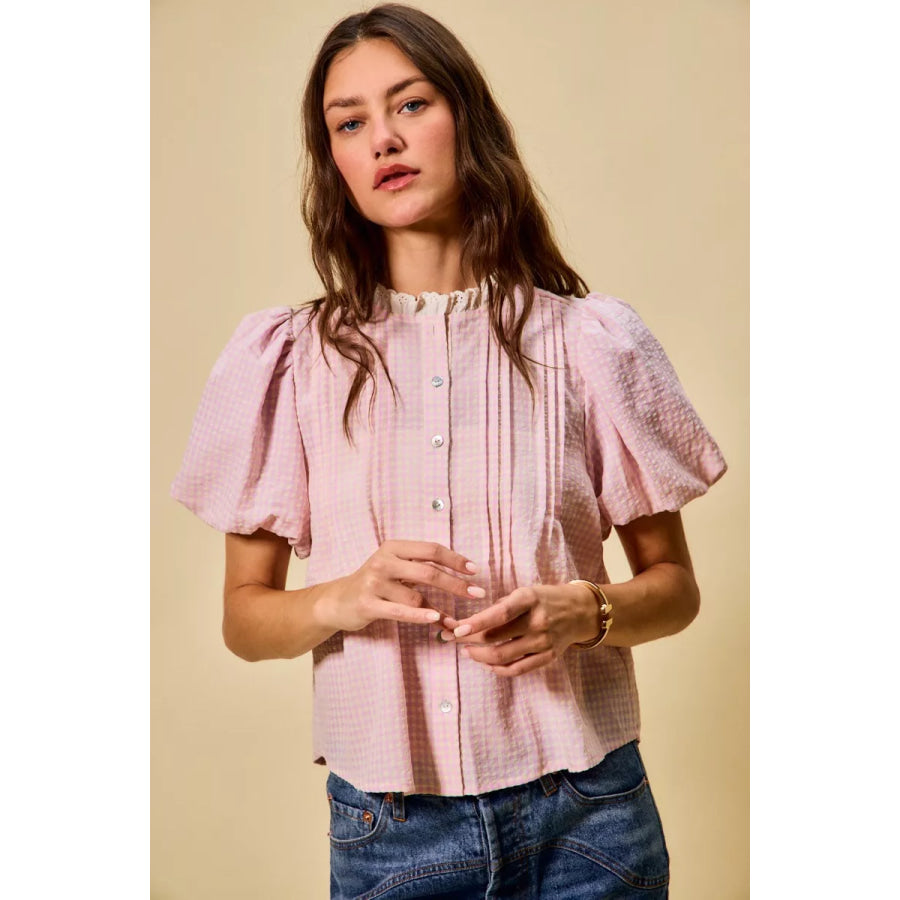 SO ME Gingham Lace Trim Button Bubble Sleeves Blouse PINK / S Apparel and Accessories