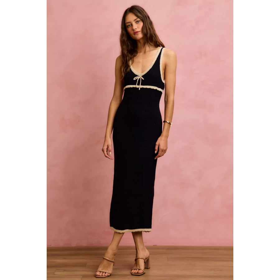 SO ME Knit Sweater Maxi Sleeveless Bodycon Resort Dress Black/Oatmeal / S Apparel and Accessories