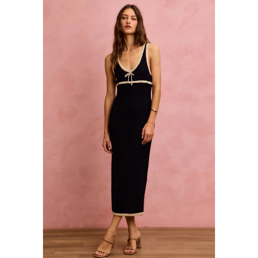 SO ME Knit Sweater Maxi Sleeveless Bodycon Resort Dress Black/Oatmeal / S Apparel and Accessories