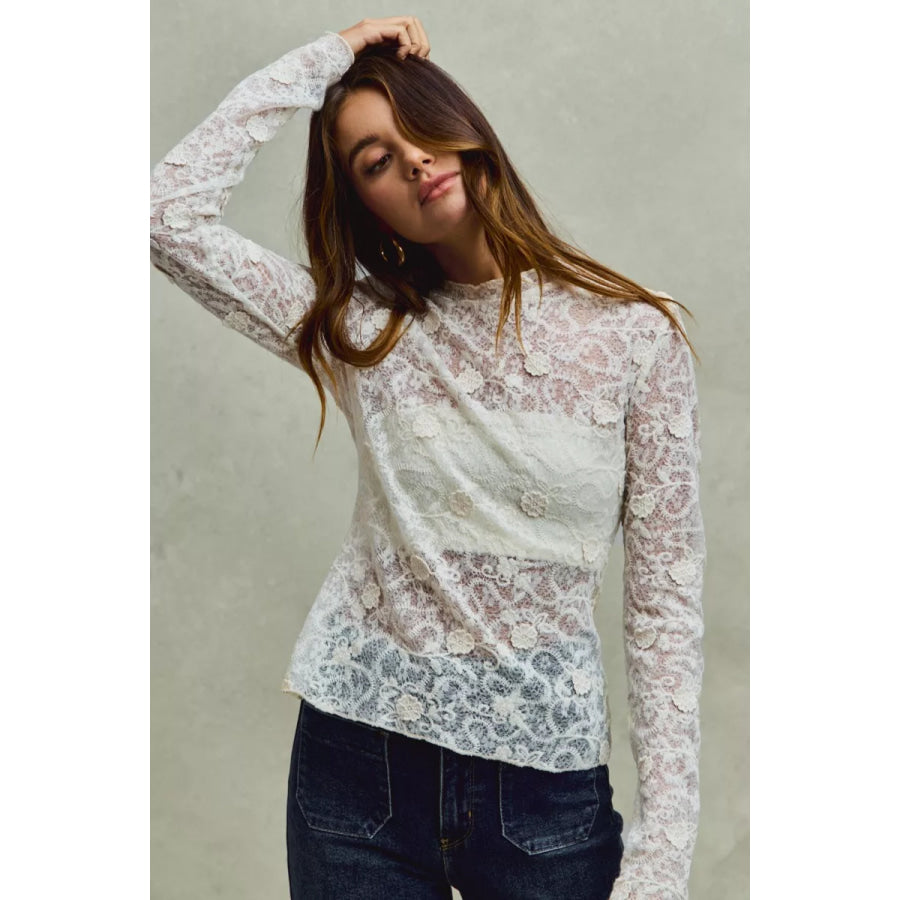 SO ME Lace Long Sleeve 3d Effect Floral Layering Top OFF WHITE / S Apparel and Accessories