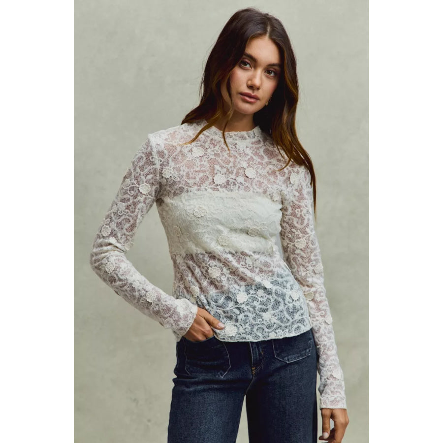 SO ME Lace Long Sleeve 3d Effect Floral Layering Top OFF WHITE / S Apparel and Accessories