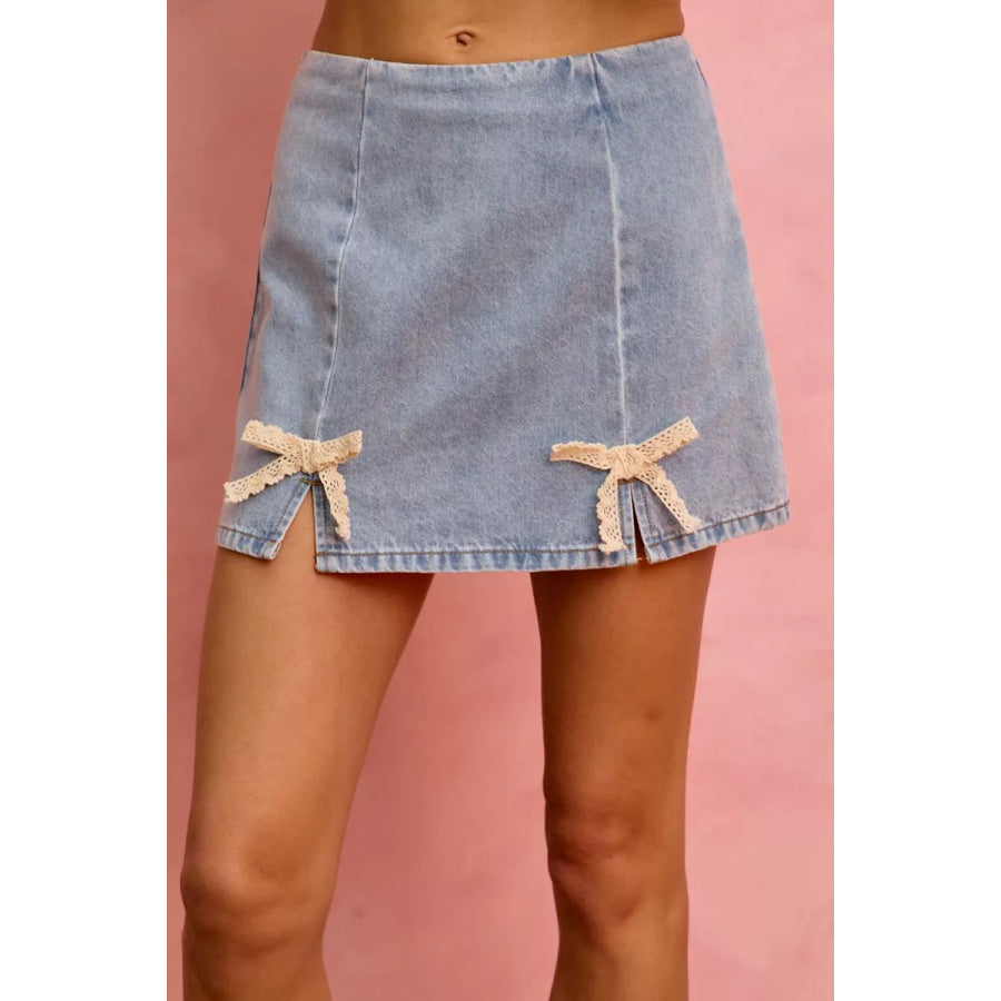 SO ME Lace Ribbon Trim Denim Mini Skirt Denim / S Apparel and Accessories