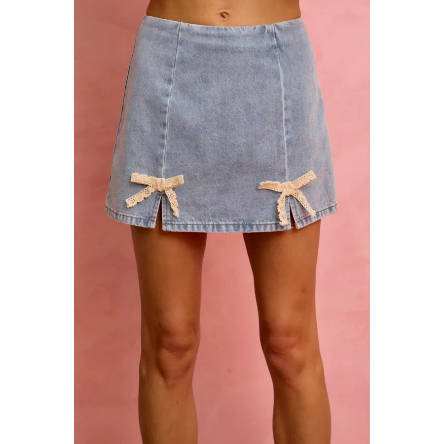 SO ME Lace Ribbon Trim Denim Mini Skirt Apparel and Accessories