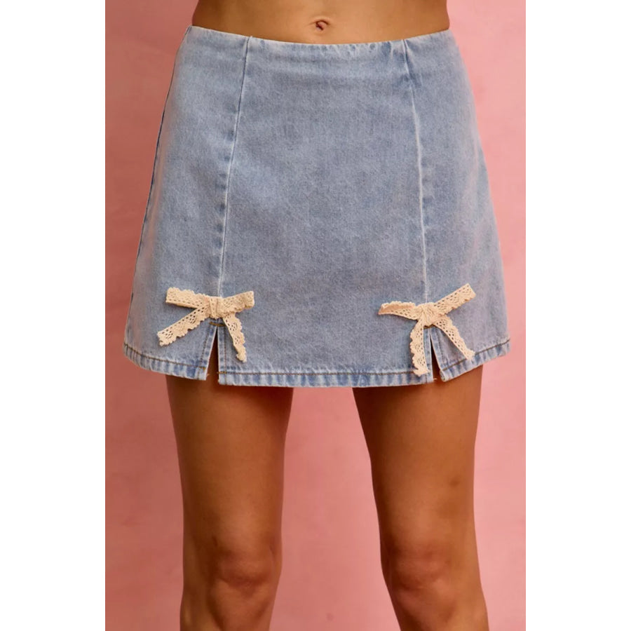 SO ME Lace Ribbon Trim Denim Mini Skirt Denim / S Apparel and Accessories
