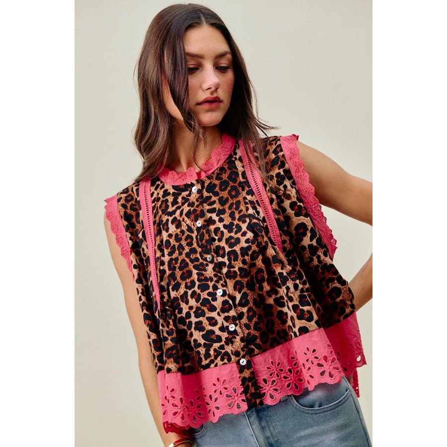 SO ME Leopard Button Up Pleated Sleeveless Blouse Apparel and Accessories