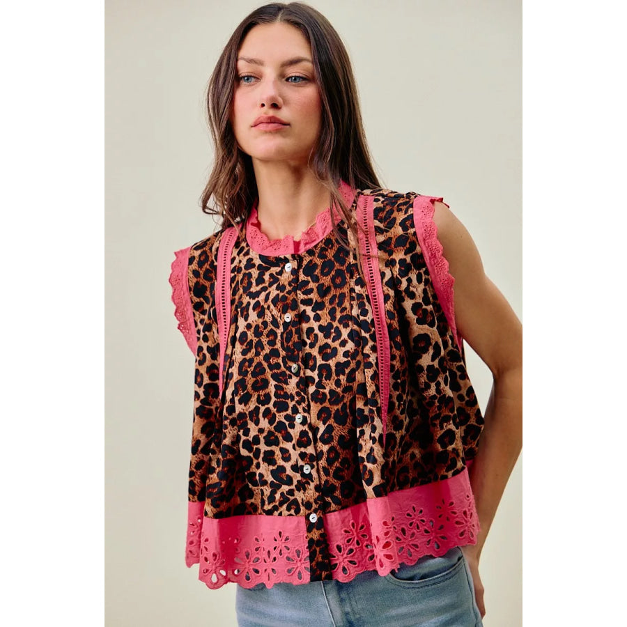 SO ME Leopard Button Up Pleated Sleeveless Blouse Apparel and Accessories