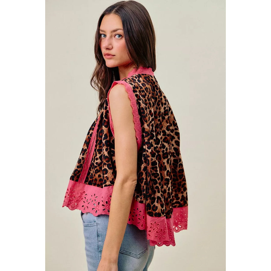 SO ME Leopard Button Up Pleated Sleeveless Blouse Apparel and Accessories