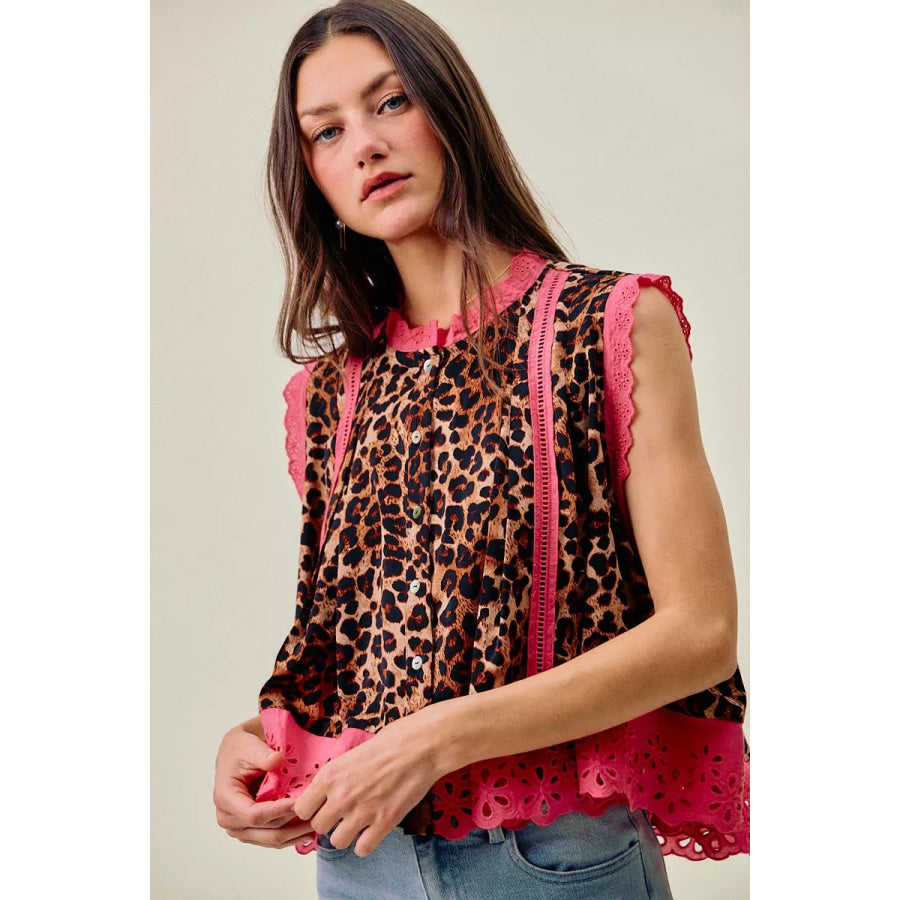 SO ME Leopard Button Up Pleated Sleeveless Blouse Apparel and Accessories