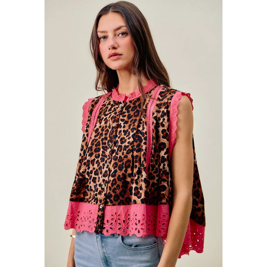 SO ME Leopard Button Up Pleated Sleeveless Blouse Apparel and Accessories
