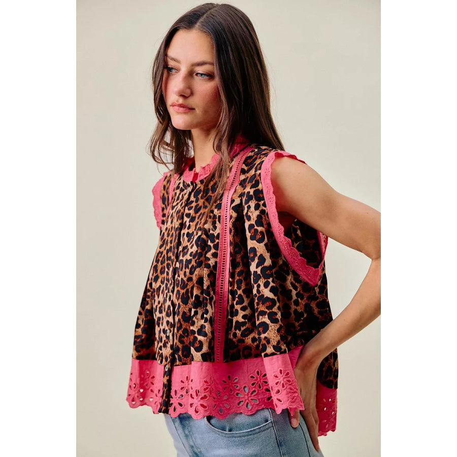 SO ME Leopard Button Up Pleated Sleeveless Blouse Apparel and Accessories