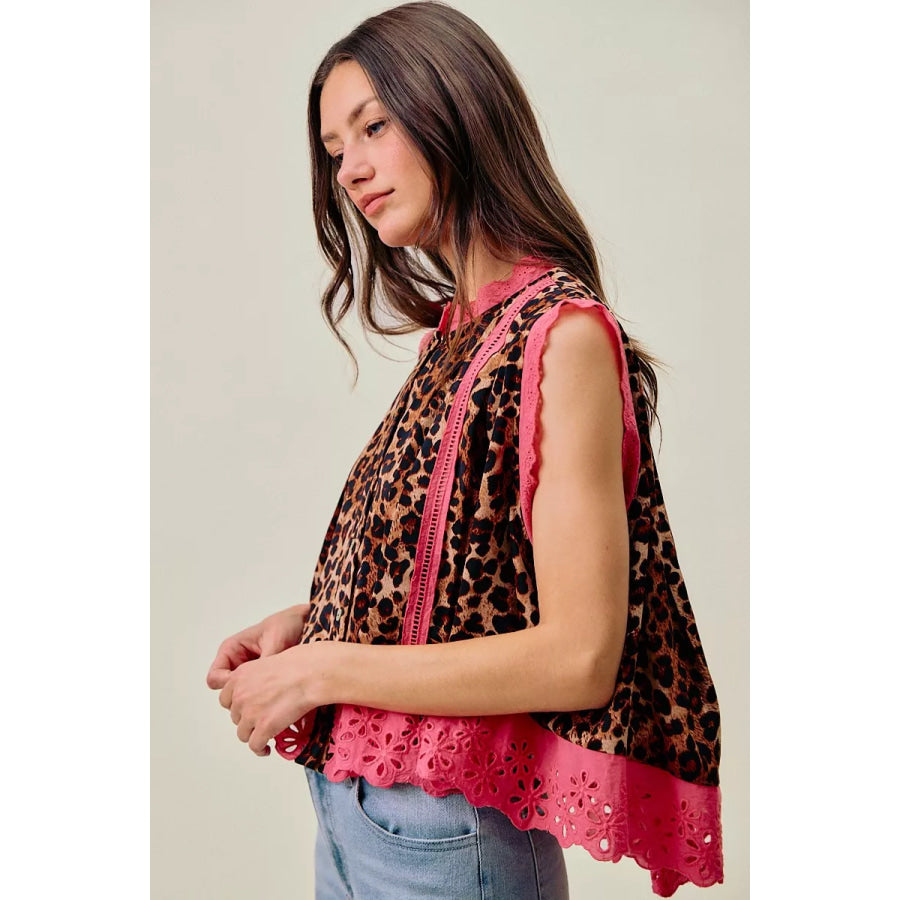 SO ME Leopard Button Up Pleated Sleeveless Blouse Apparel and Accessories