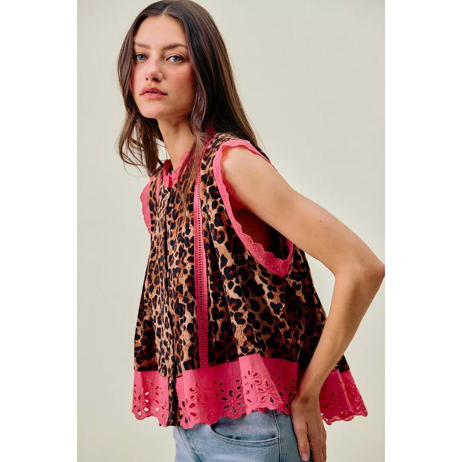 SO ME Leopard Button Up Pleated Sleeveless Blouse Apparel and Accessories