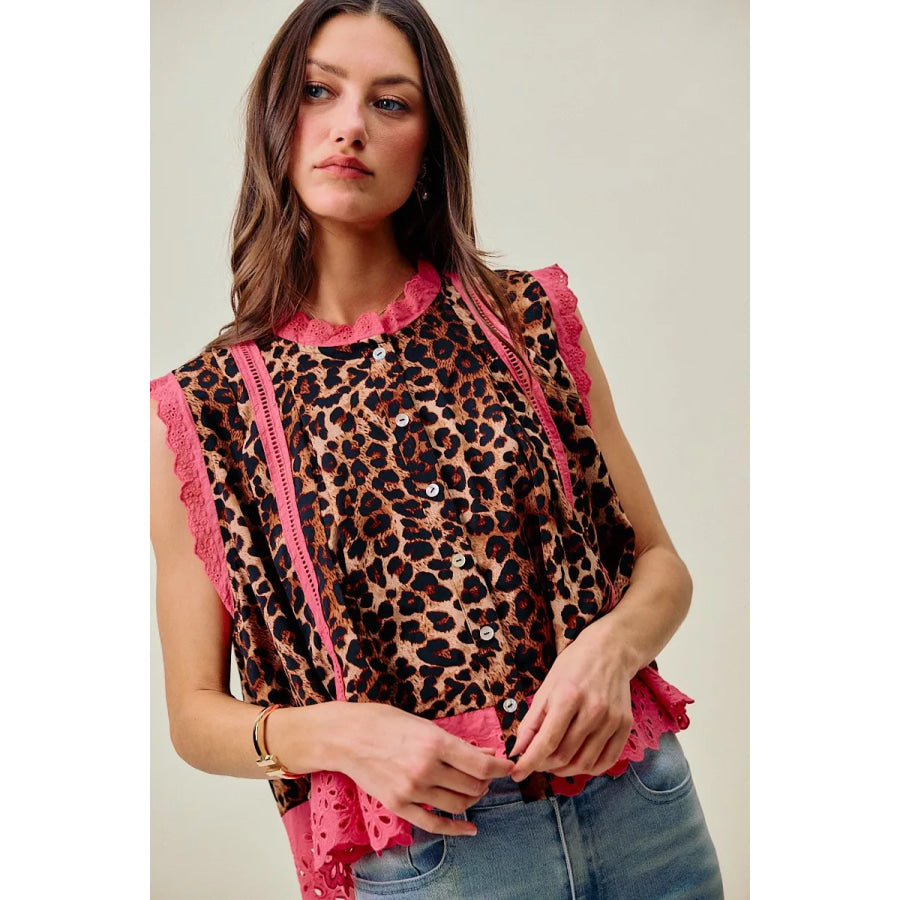 SO ME Leopard Button Up Pleated Sleeveless Blouse LEOPARD/PINK / S Apparel and Accessories