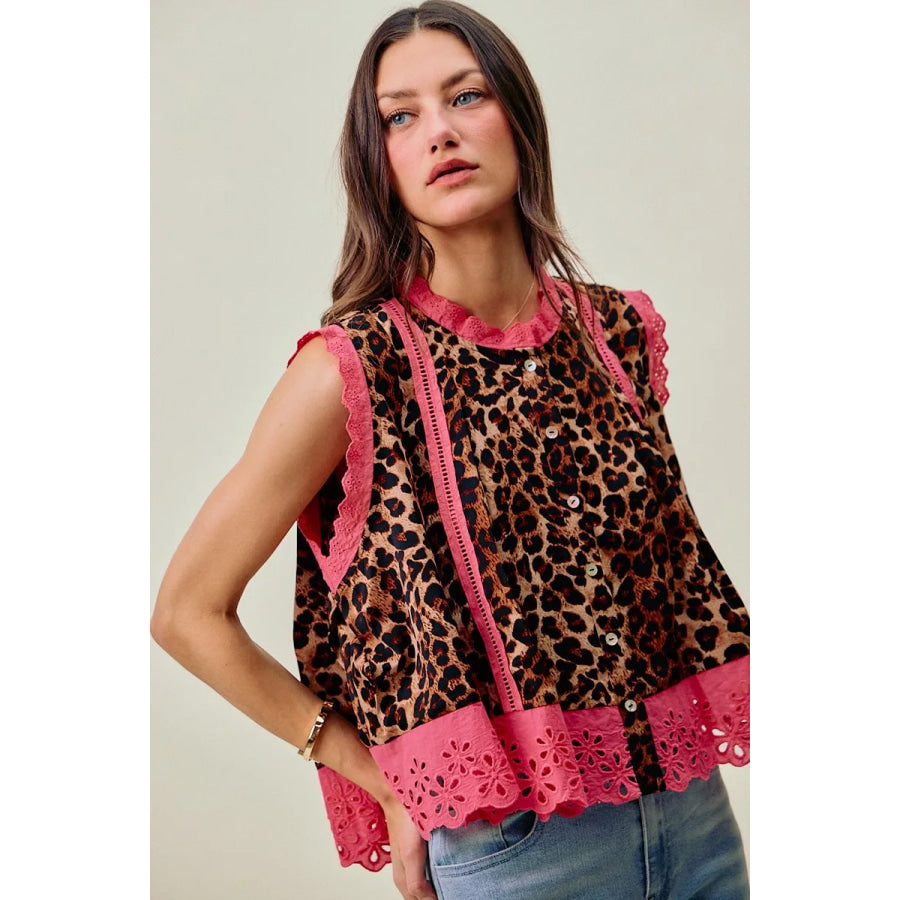SO ME Leopard Button Up Pleated Sleeveless Blouse Apparel and Accessories