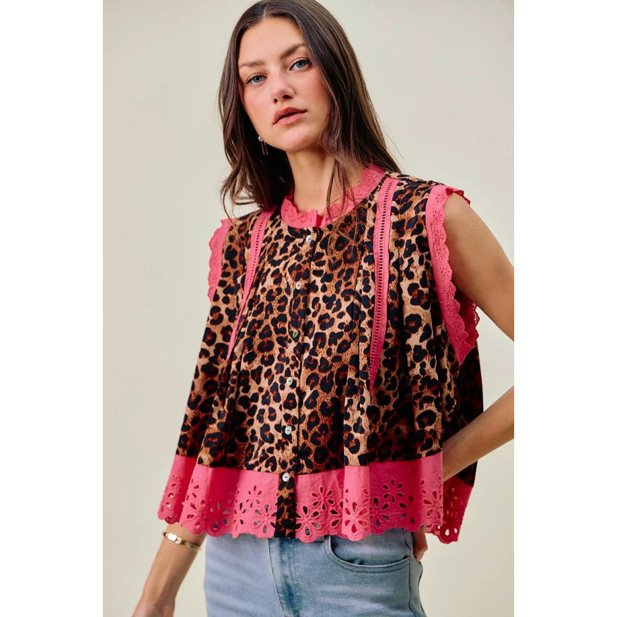 SO ME Leopard Button Up Pleated Sleeveless Blouse LEOPARD/PINK / S Apparel and Accessories