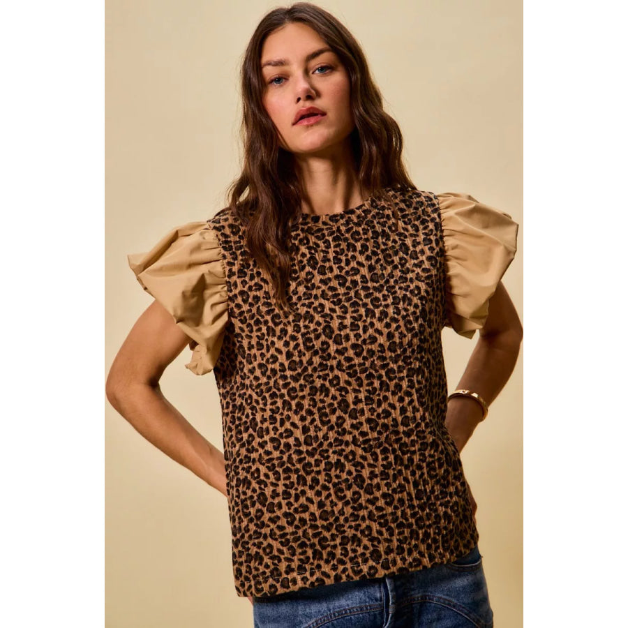 SO ME Leopard Pointelle Knit Top with Puff Sleeves Apparel and Accessories
