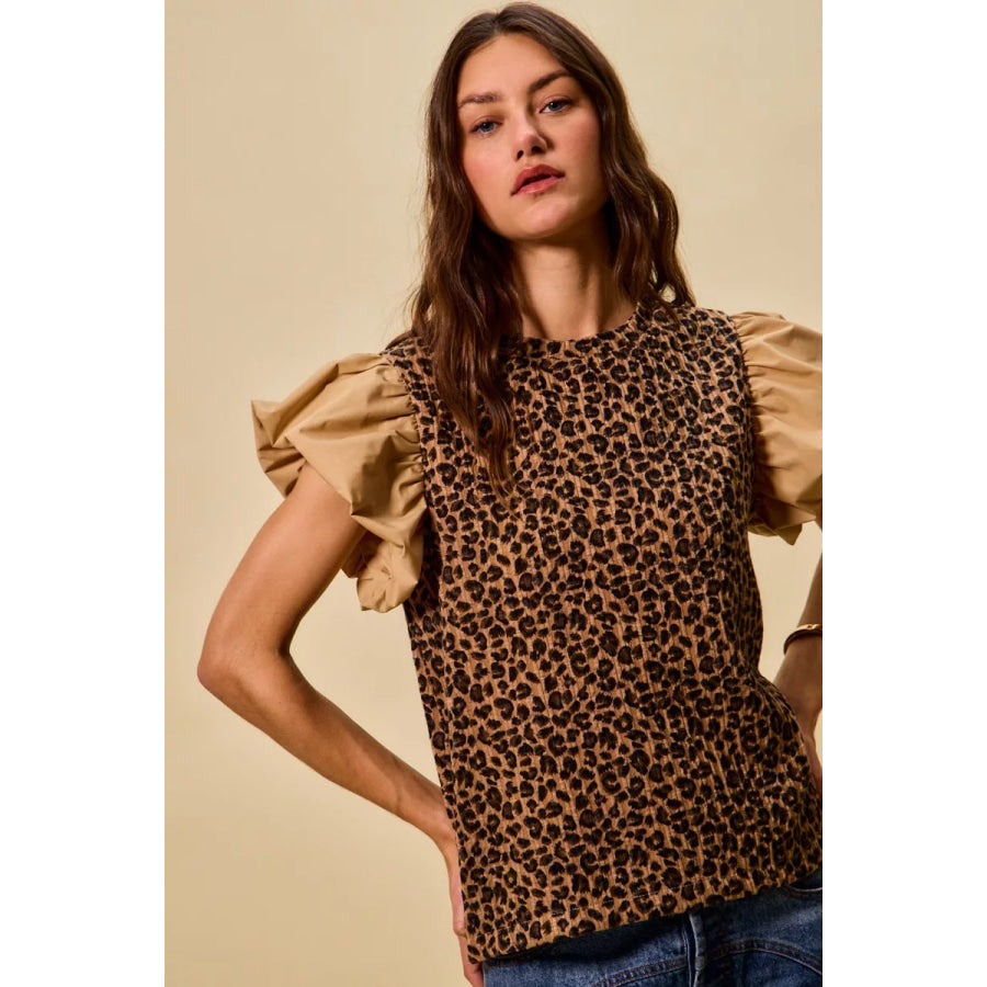 SO ME Leopard Pointelle Knit Top with Puff Sleeves Apparel and Accessories